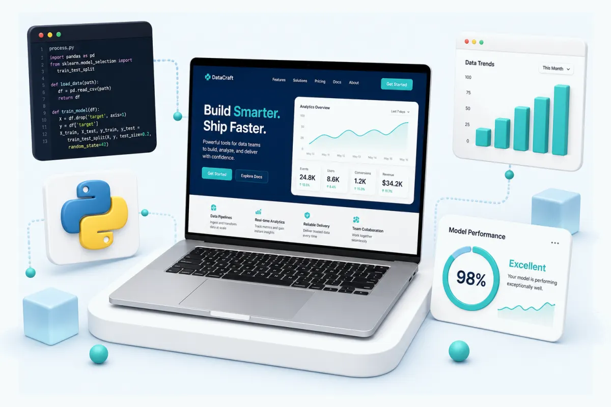 3D illustration of a laptop showing a modern website, code editor, analytics charts and Python logo